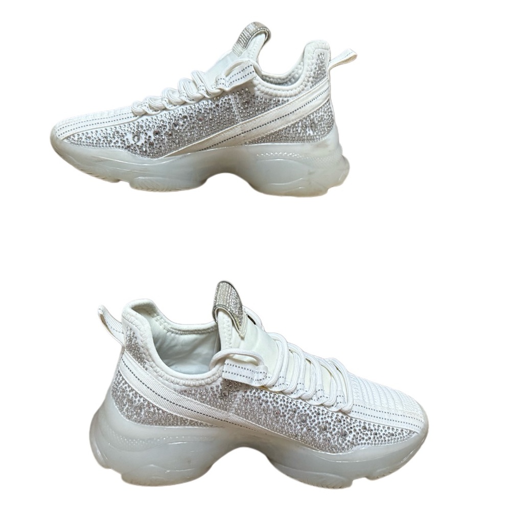 Steve Madden women's Maxima rhinestone-embellished knit sneakers in white. - Picture 1 of 15